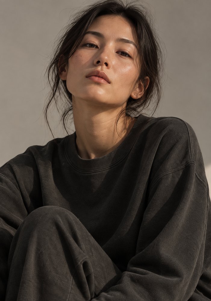 Woman in a black myrobalan-and-iron dyed cotton sweatshirt and trousers