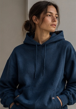 Woman wearing the indigo organic cotton hoodie