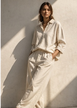 Woman in an undyed cotton shirt and trousers leaning on a sunlit wall