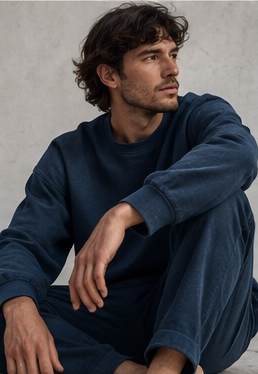 Man seated in indigo cotton loungewear