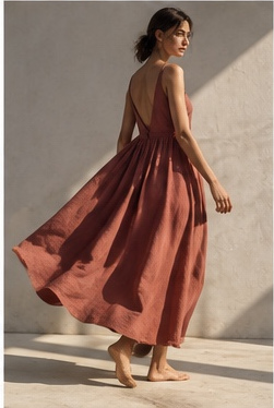 Woman in a flowing madder-red sundress, seen from behind