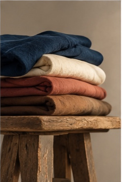 Folded indigo, cream, madder and cutch garments on a wooden stool