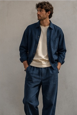 Man in an indigo overshirt and trousers over a cream T-shirt