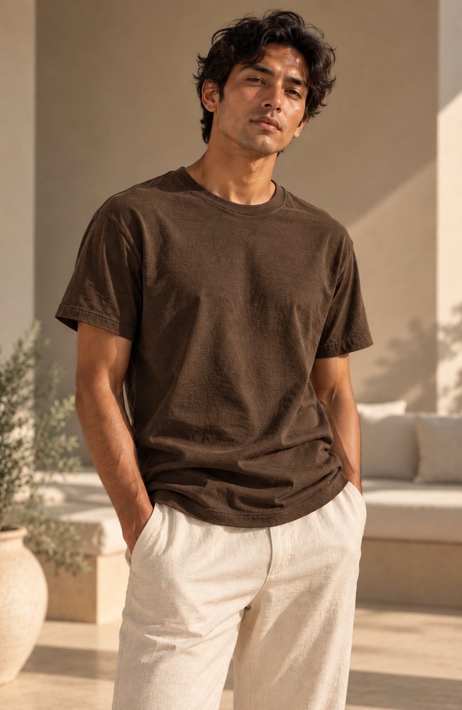 Man in a cutch-brown organic cotton T-shirt and raw cotton trousers