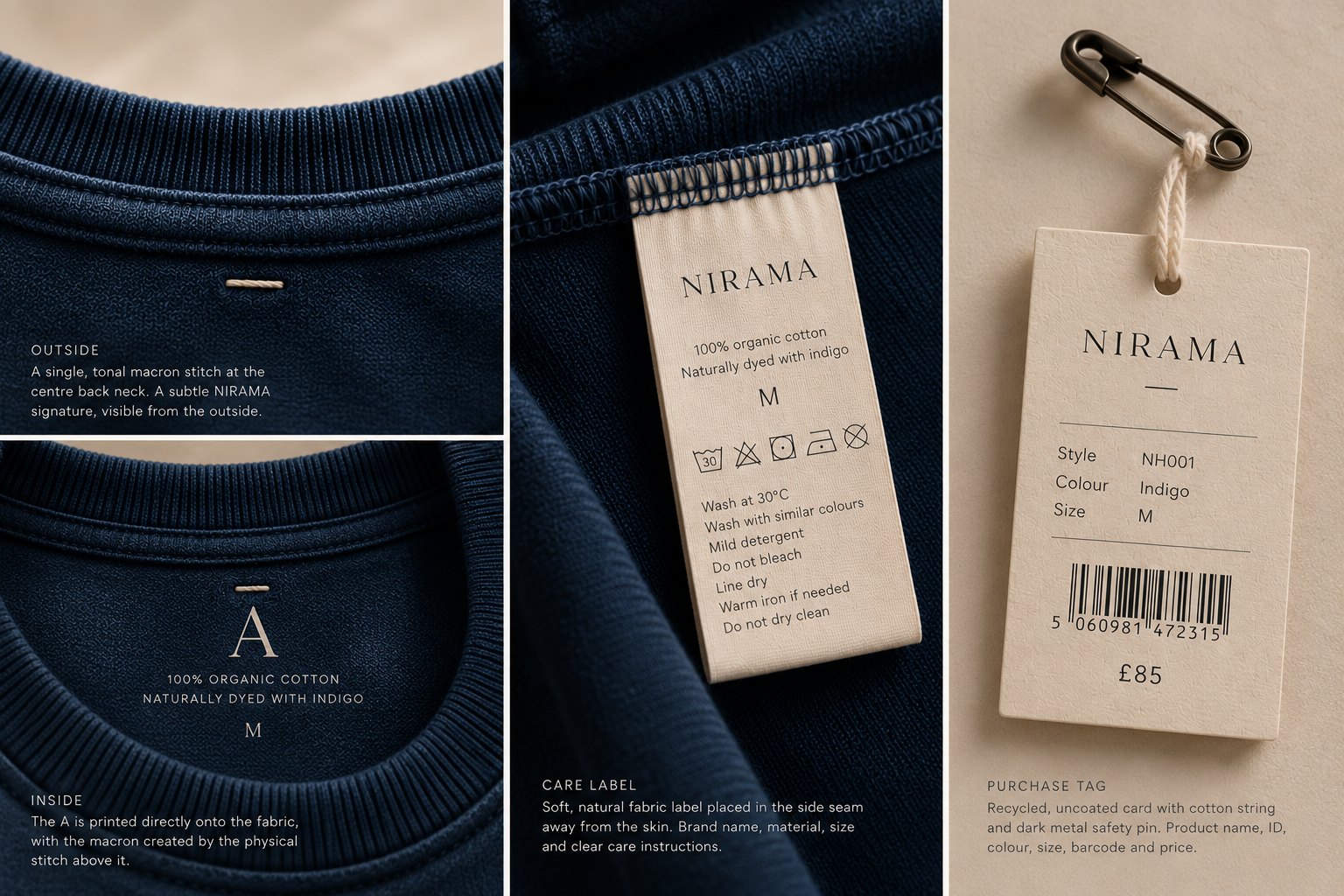 Labels board: the raw cotton macron stitch outside the neck; the inside print with Ā, composition and size; a soft cotton care label in the side seam; an uncoated card purchase tag on cotton string with a dark metal safety pin
