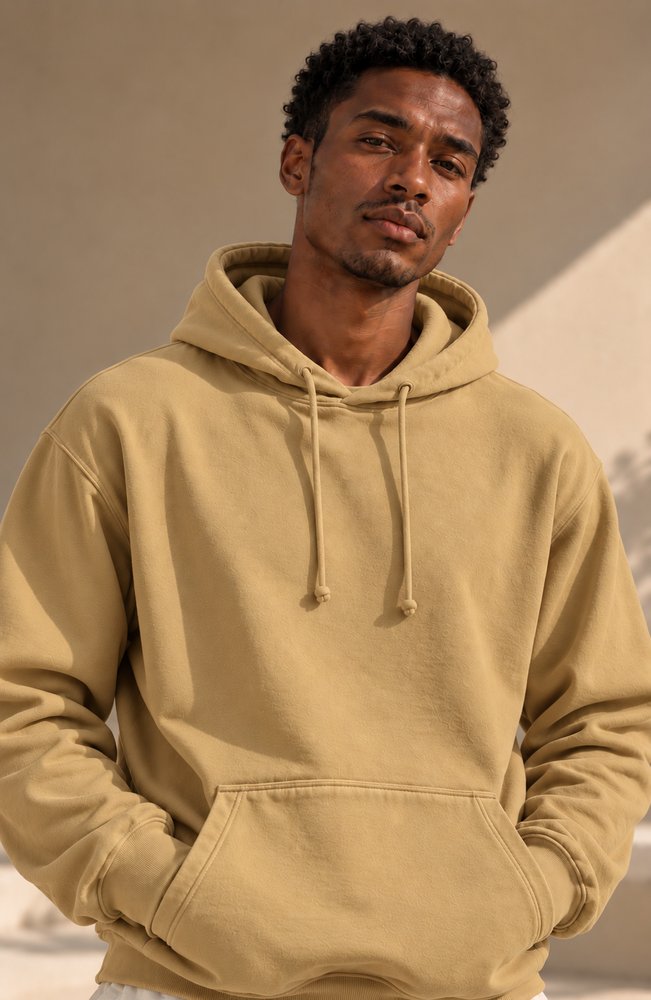 Man wearing the myrobalan-dyed organic cotton hoodie in soft buff