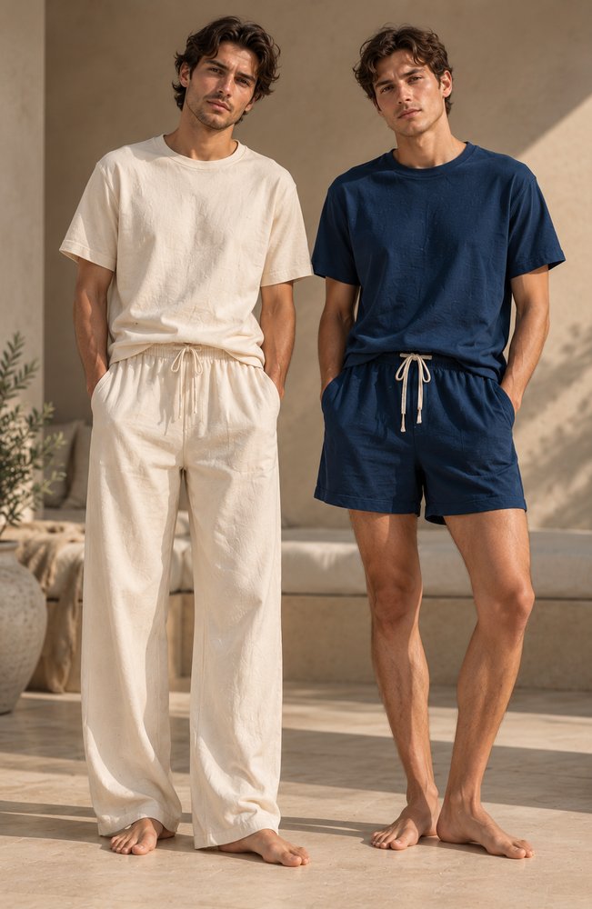 Two men in NIRAMA sleepwear sets: raw cotton T-shirt with drawcord trousers, and indigo T-shirt with drawcord shorts
