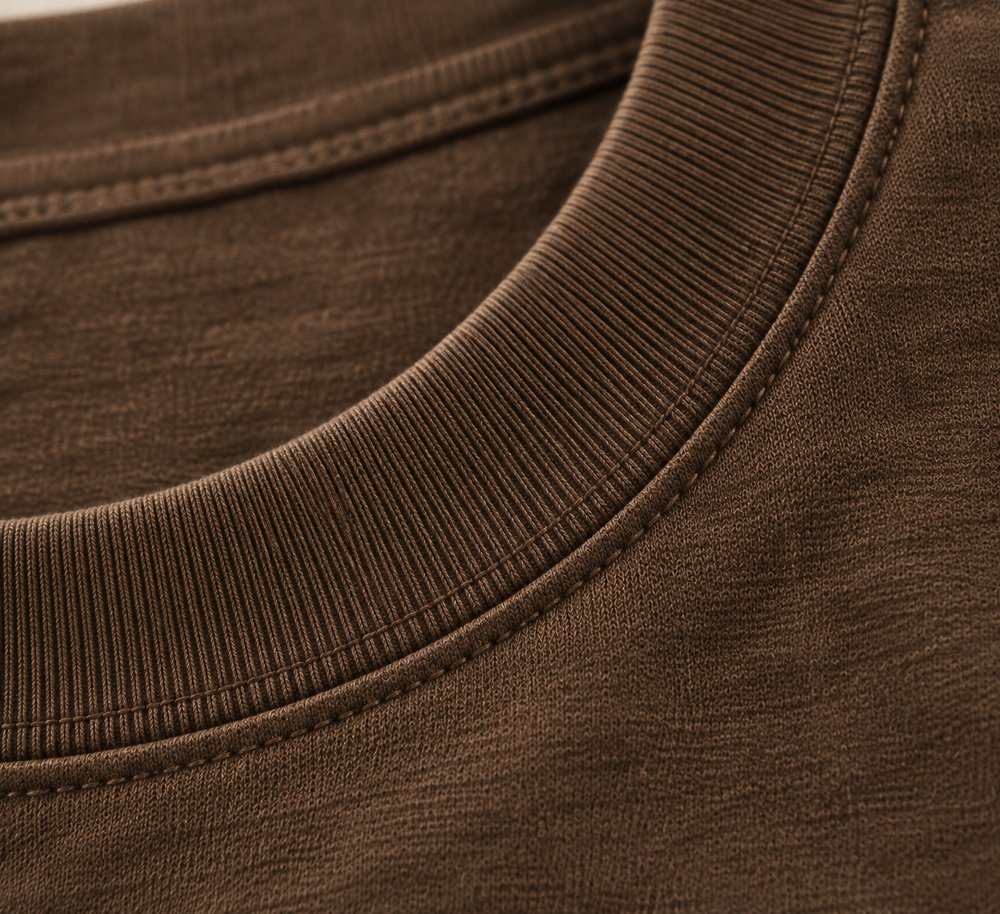Close-up of the cutch-dyed T-shirt’s rib collar and jersey